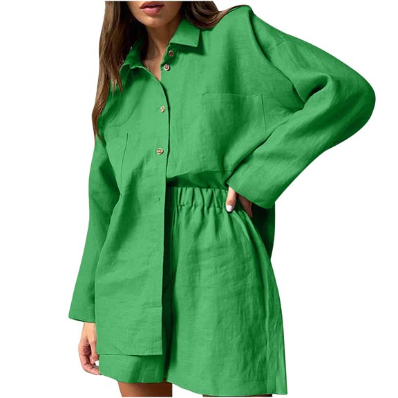 Summer Savings Clearance! Edvintorg Women Sets With Shorts Cotton And Linen Women'S Clothings Summer Suit Fashion Solid Color Short Trousers Casual Two-Piece Short Sets Green L