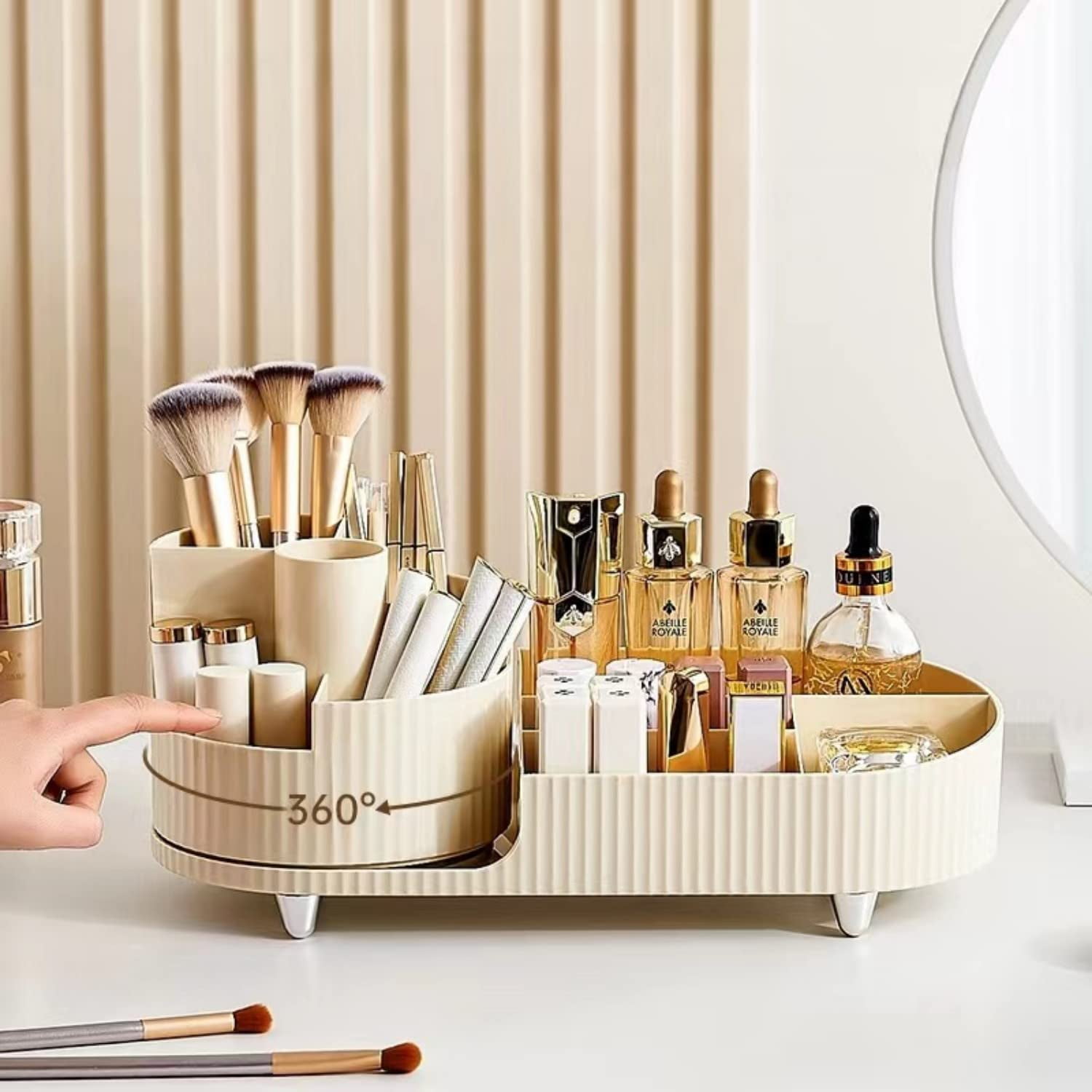 Govvep Makeup Organizer, Dresser Rotating Cosmetic Organizer with Brush, Holder for Perfume Jewelry Lipstick Makeup Skin Care Organizer, Ivory