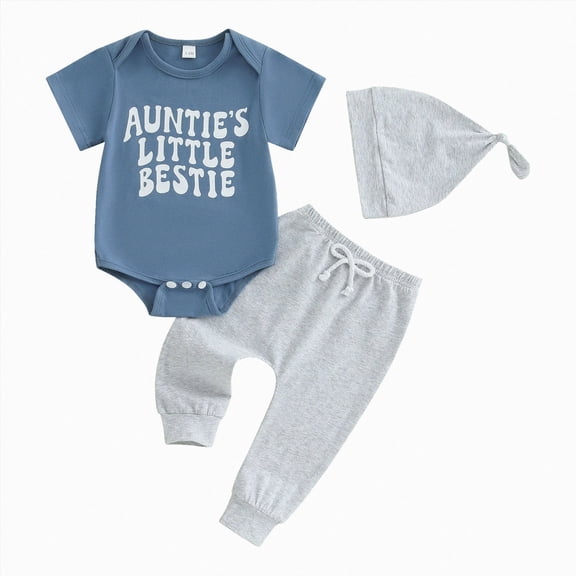 CAUYDY Newborn Clothes Baby Boy Layette Set Romper Pants Warm Hat 3-Pieces Infant Shower Gift Preemie Fall Winter Spring Summer Pjs Set (Sizes 0-3 Months,Blue)