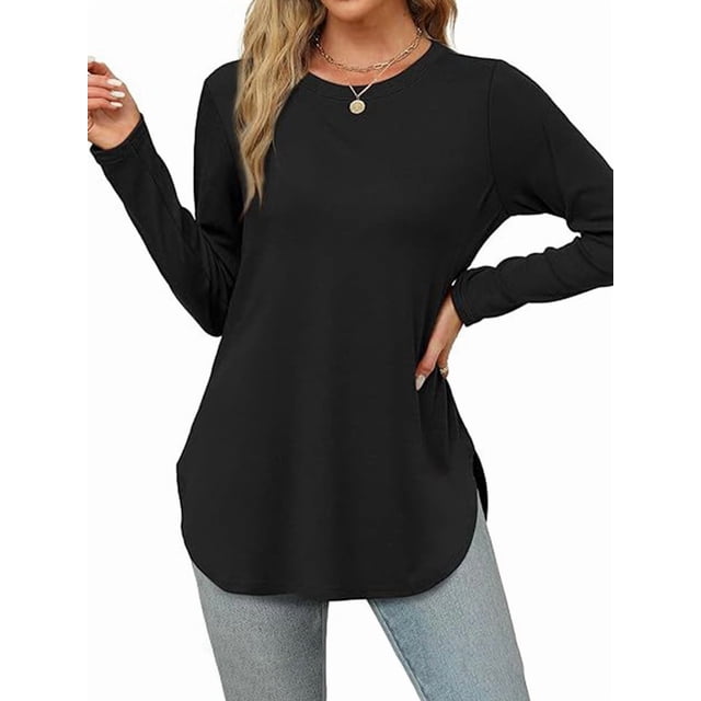 Camisa de Larga con Cuello Redondo para Mujer, Básica, Holgada, Informal Negro S