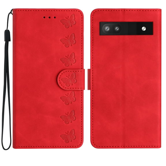 SaniMore Case for Google Pixel 7A 6.1" 2023, [Card Slots + Cash Pocket] Removeable Wrist Strap PU Leather Embossed Butterfly Flip Kickstand Magnetic Clasp Full Body Protective Shell, Red