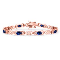 Gem Stone King 18K Rose Gold Plated Silver Blue Created Sapphire and Lab Grown Diamond Bracelet for Women | 4.81 Cttw | Gemstone September Birthstone | Oval 6X4MM | Length 7.25 inches