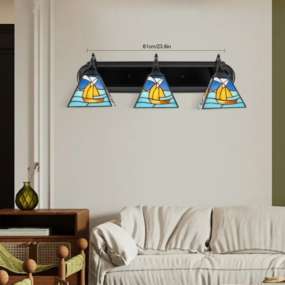 Tiffany Style Wall Sconce, 3-Light Vintage Wall Lamp Fixture with Stained Glass Shade, Sailboat Patterns for Kitchen Island Bedroom