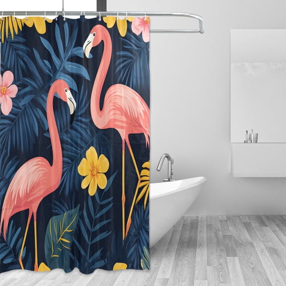 Yayeee Shower Curtain with Hooks 72"x72" Waterproof Fabric Bathroom Hanging Decor, Floral Flamingo