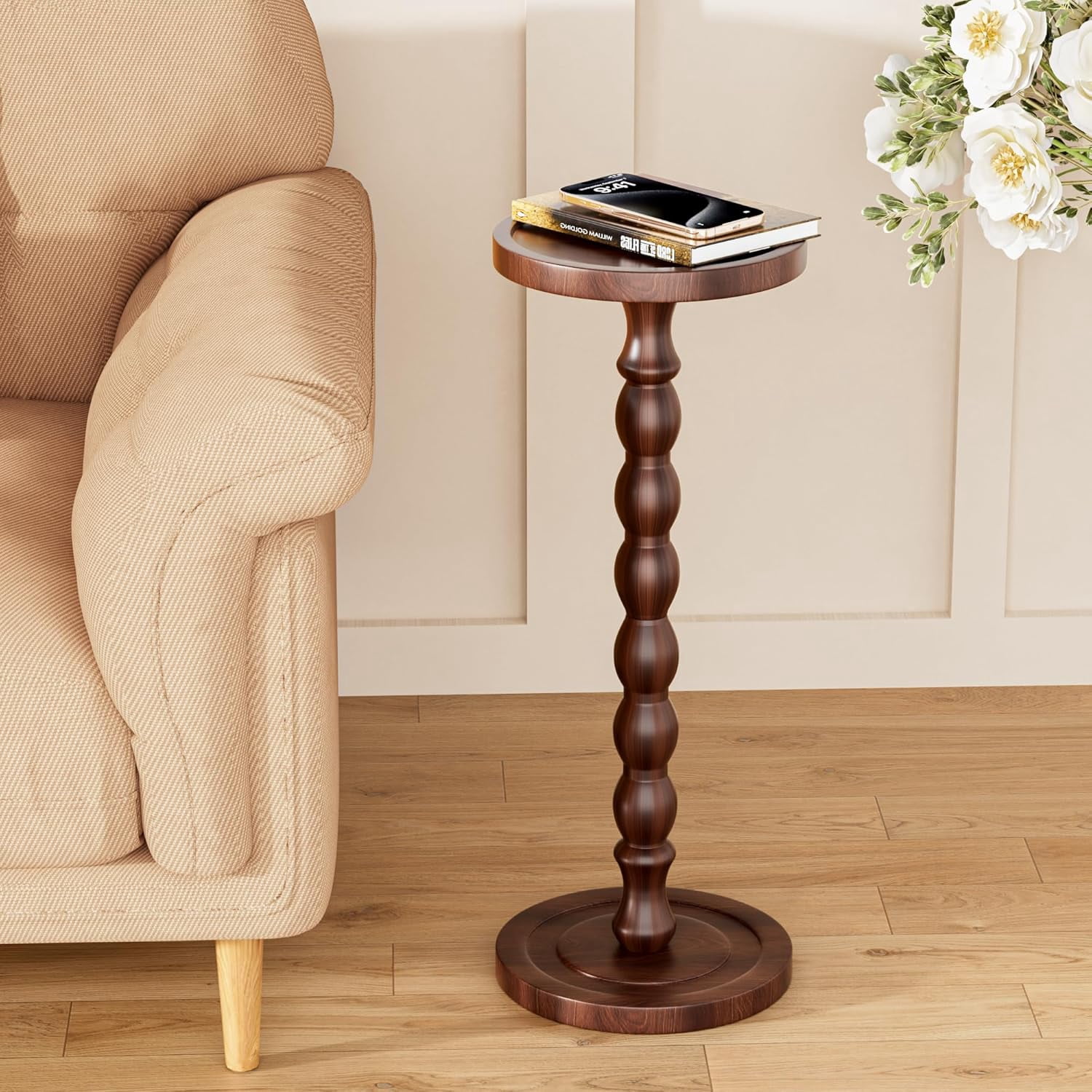 Finew Solid Wood Drink Table, Rubber Wood‌ Small Round Side Table for Small Spaces, Martini Tables, Pedestal End Tables for Living Room, Bedroom, Corners, and Office (Dark Walnut, 9.4 inch)