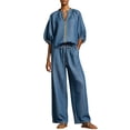 thumbnail image 2 of Xunmmm Women's Cotton Linen Two Piece Set Loose Fit Half Sleeve Zipper Shirt and Wide Leg Pant Casual Summer 2 Piece Set for Women Linen Pants Set Outerwear, 2 of 6