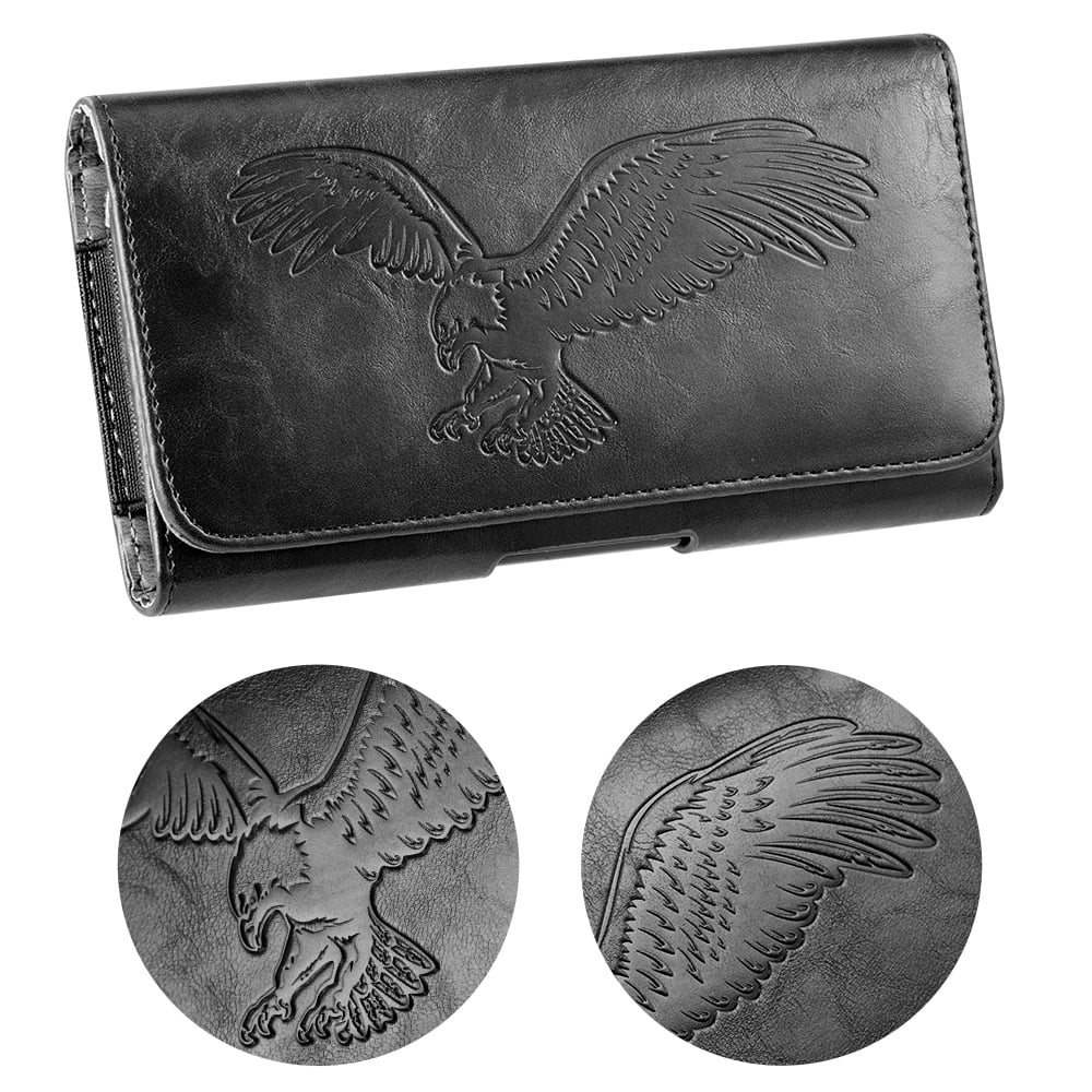 6.5-inch Horizontal Black PU Leather Cell Phone Holster Universal Fit with Belt Clip, Embossed Eagle Design