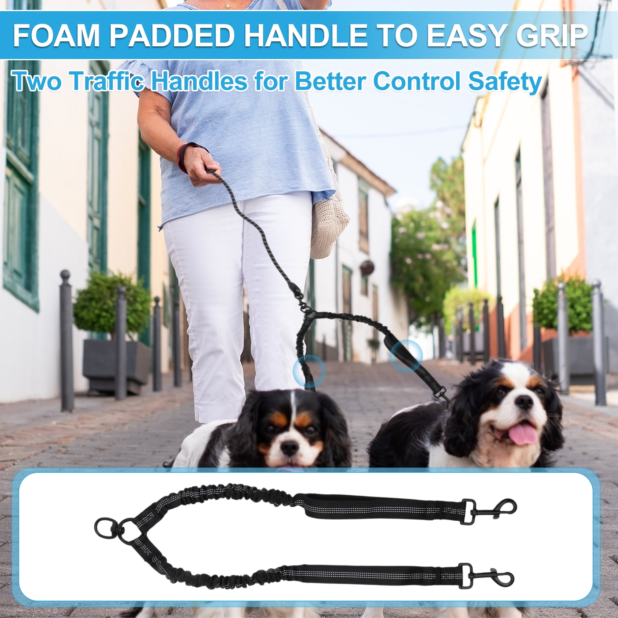 Unique Bargains Double Dog Leash Hands-Free Dual Dog Leash with Comfortable Padded Handle Double Leash for Two Dogs Adjustable Length 1 Set Black