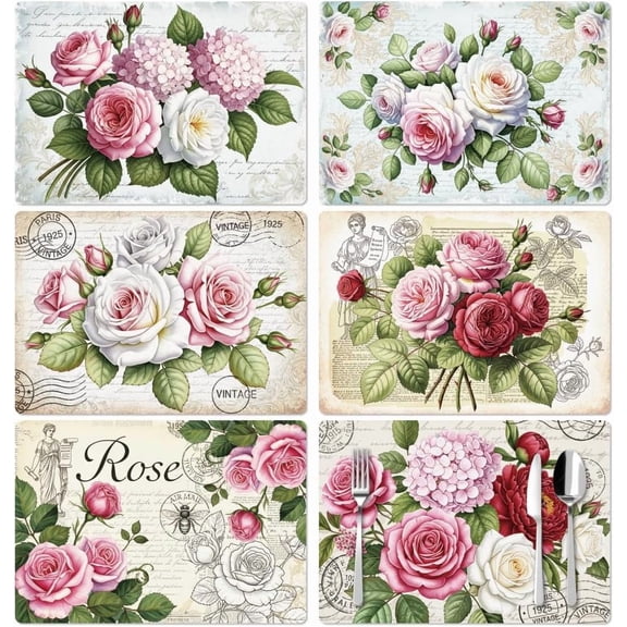 Vintage Rose Placemats Set of 612"x17" Waterproof Washable Table Place Mats for Indoor Outdoor Farmhouse Party Kitchen Dining Table