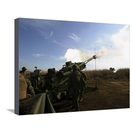 Lightweight Art - Artillerymen Fire a 155Mm Round Out of an M777 Lightweight Howitzer Stretched Canvas Print Wall Art