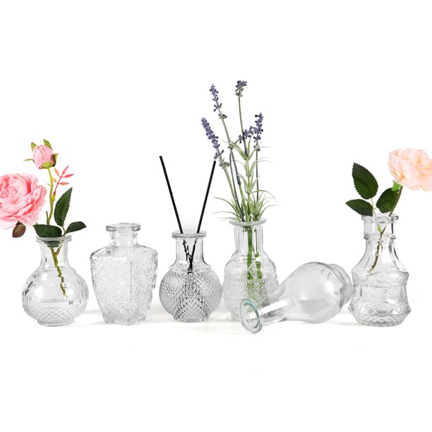 Set of 6 Glass Single Bud Vases, Clear Vintage Bud Vases in Bulk, Small