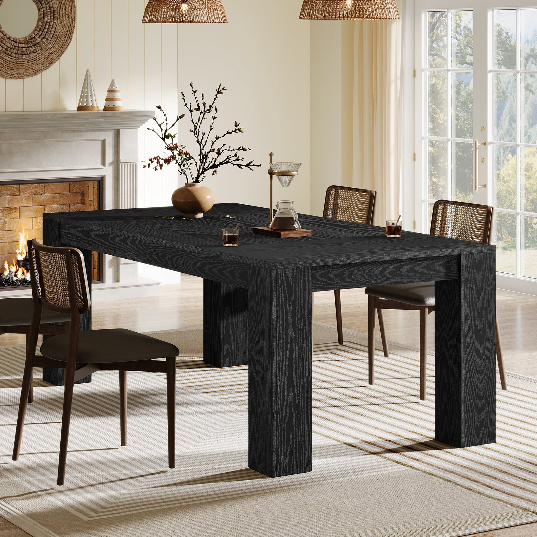 Tribesigns 63-Inch Dining Table for 4-6 People, Farmhouse Kitchen Dinner Table, Large Wooden Rectangular Eating Table for Dining Room, Black