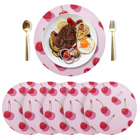 Round Placemats Plate Mats 15 Inch Non-Slip Heat Resistant Washable PVC Set Table Decoration for Kitchen Dining Red Cherries