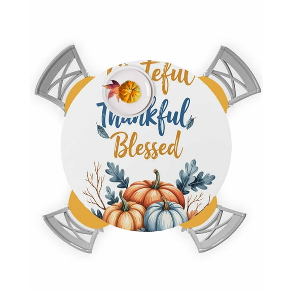 Round Fitted Tablecloths Thanksgiving Pumpkin Fall Leaves Waterproof Table Cover for Kitchen Dining Party Decor Grateful Blessed,36"-44"