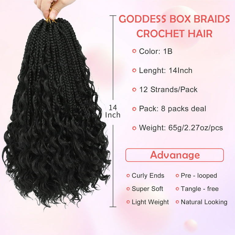 Goddess Box Braids Crochet Hair Bohomian Box Braids Crochet Braids Curly  Ends 14 Inch 8 Packs Crochet Braids Hair Extension(1B)