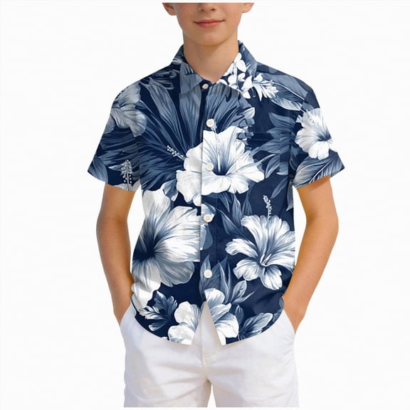 JUMEYU Button Down Shirt Boys Hawaiian Shirts for Boys Button Down Short Sleeve Tropical Kids Summer Beachwear Tops Size 9-10 (Dark Blue,9-10 Years)