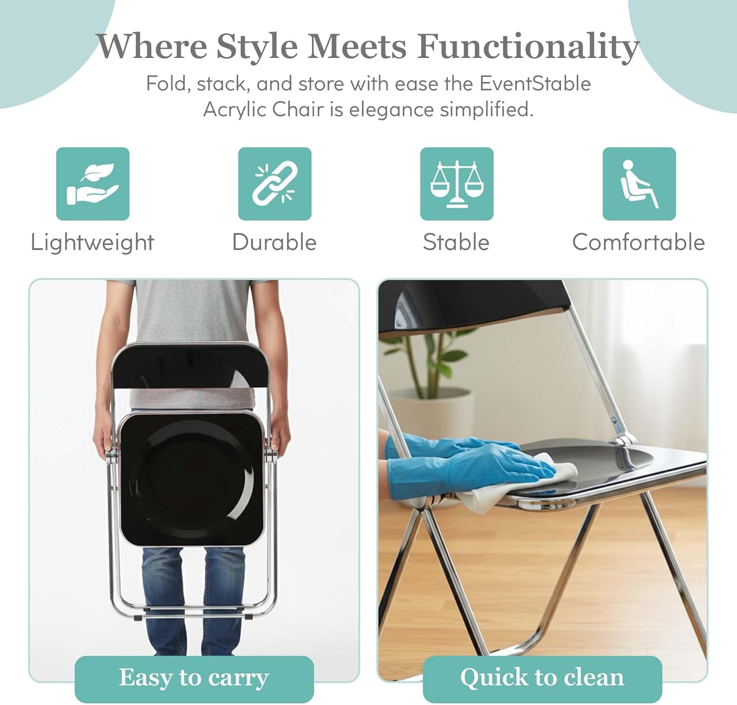 EventStable Clear Acrylic Folding Chair with Electroplate Chrome Frame, Lightweight Portable Seating Stackable Comfortable Chair for Indoor Outdoor Dining, Events & Parties - Onyx - 4-Pack