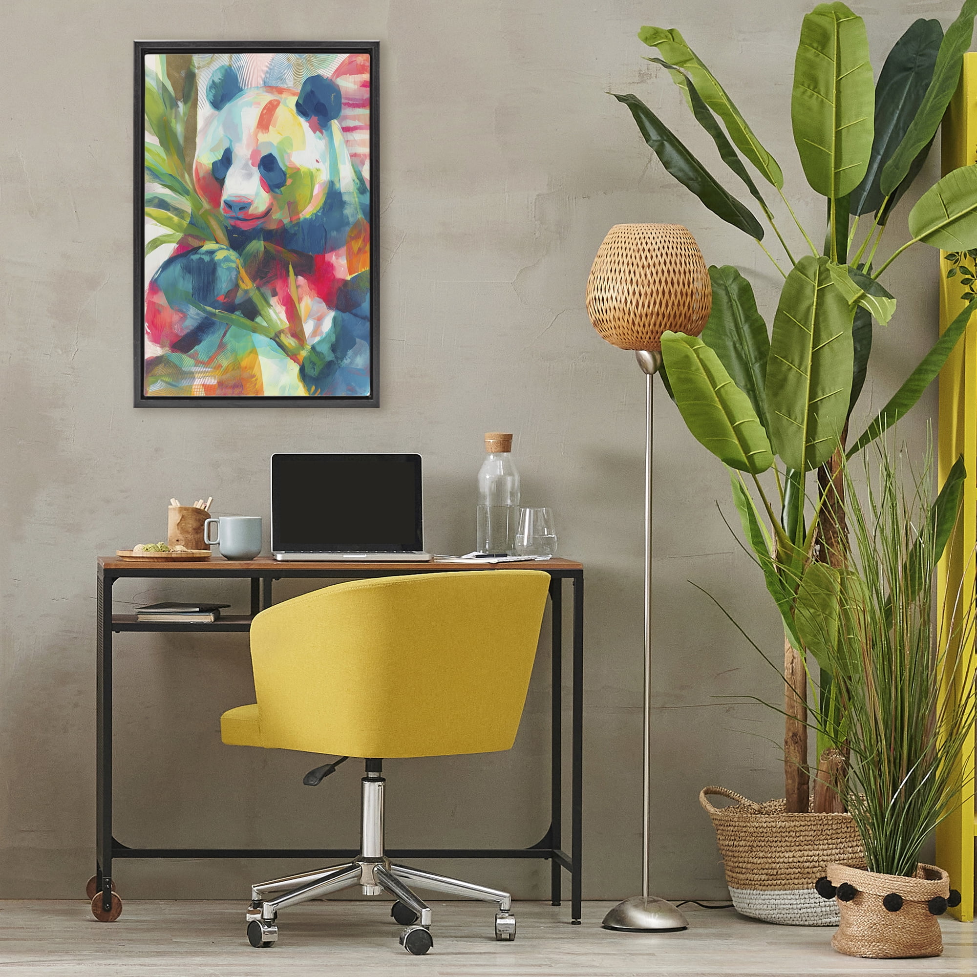 Stupell Industries Expressive Panda In Bloom Black Framed Floater Canvas Wall Art, design by Chromatic Storm Studio