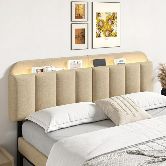 Adjustable Headboard for Full/Queen Size Bed Frame, Linen Fabric Bed Headboard with Storage & RGB LED Light in Modern Vertical Channel Design, Light Grey
