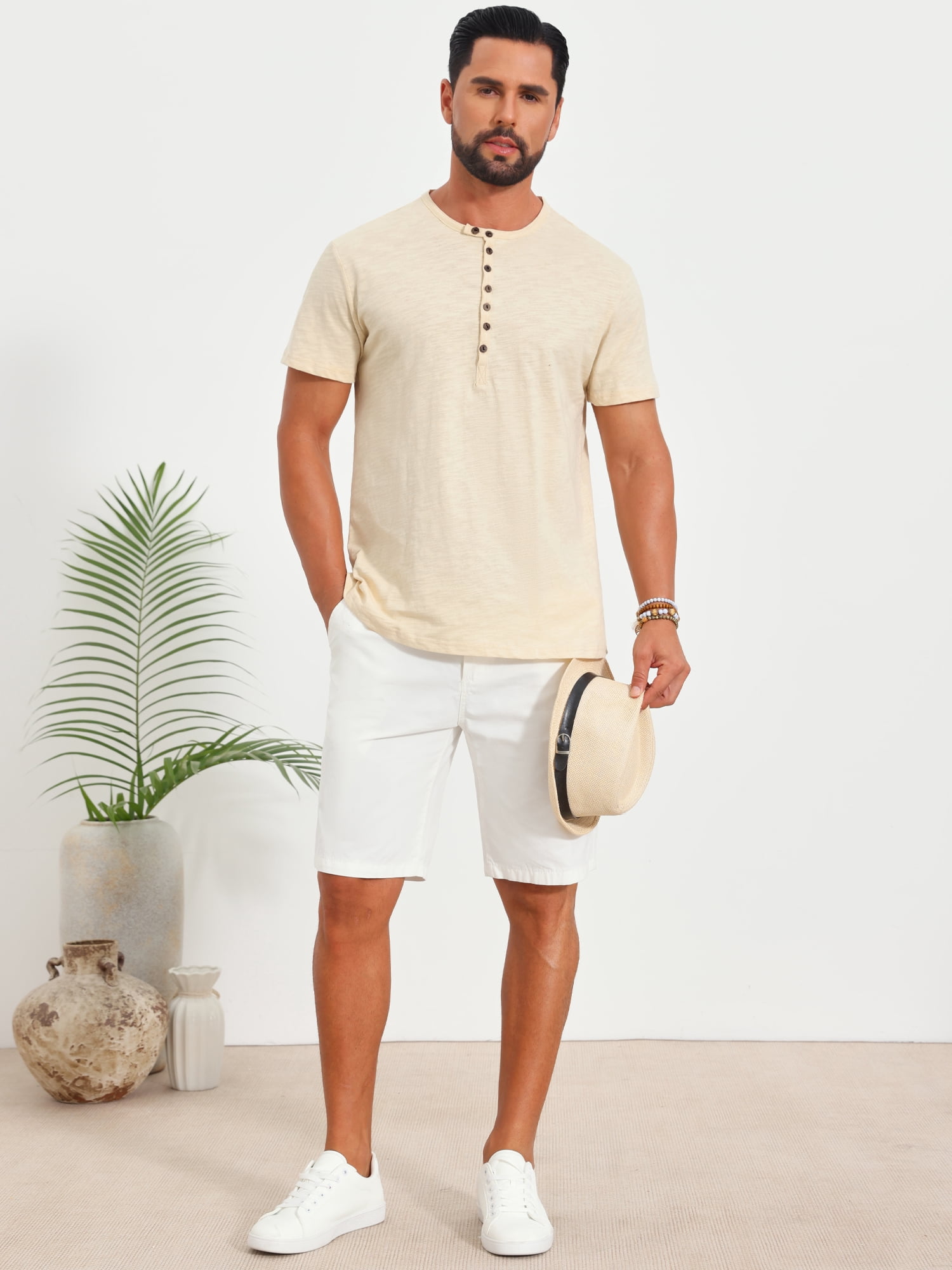 DARING DIVA Men's Retro Henley Texture Button Down Short Sleeve T-Shirt L Beige