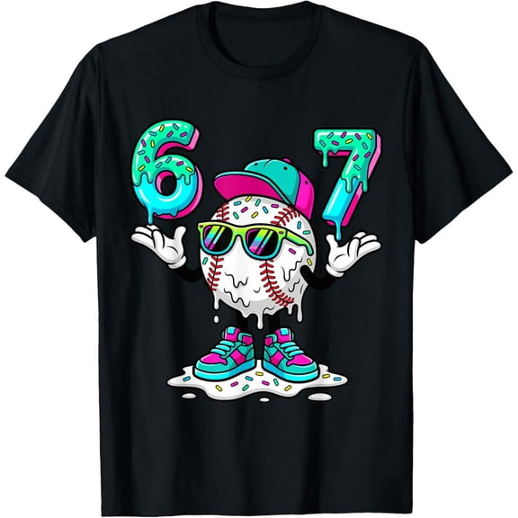 67 Meme Six Seven 6 7 Meme Funny Baseball Ice Cream Drip T-Shirt- American fashion hot selling casual retro high quality