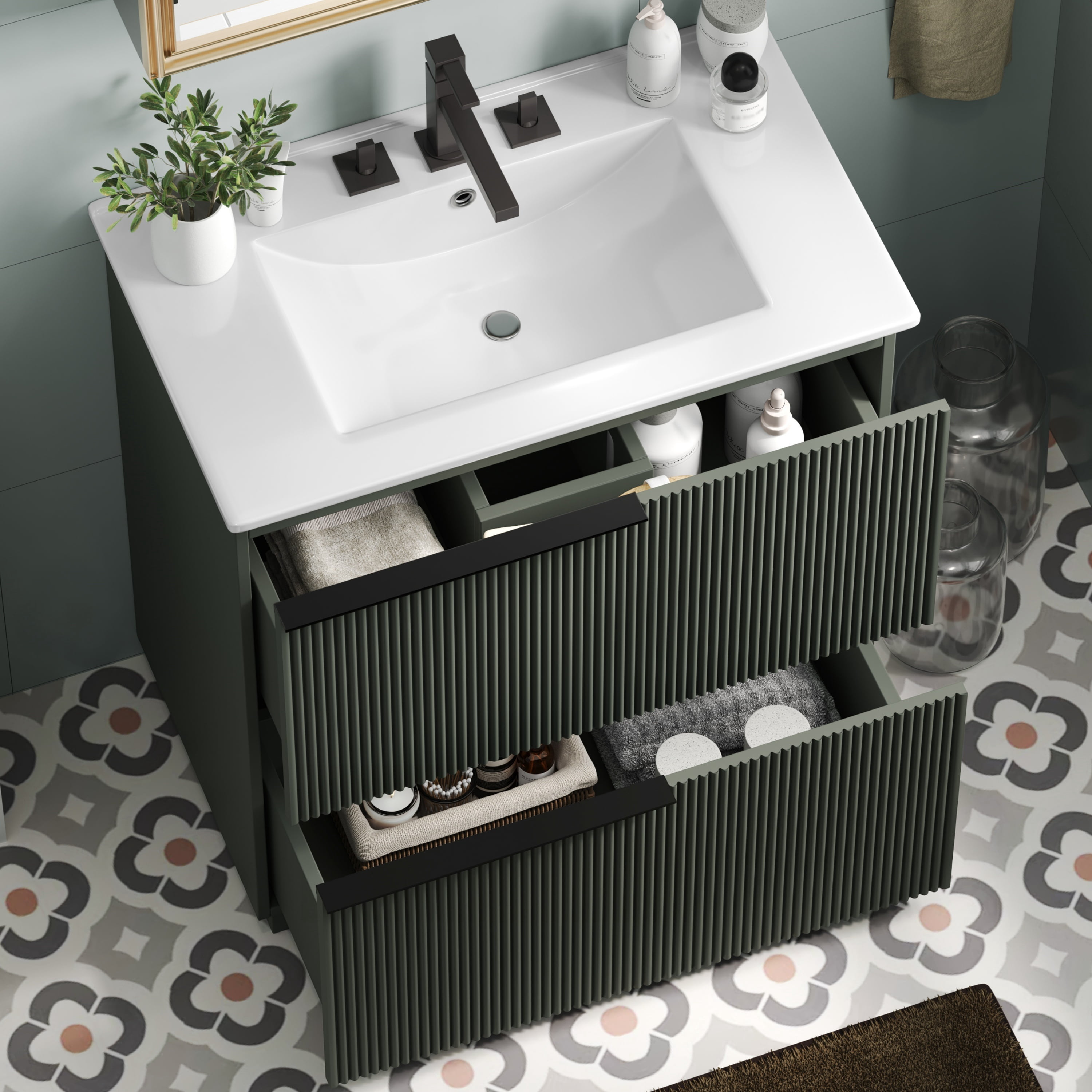 Euroco 30" Bathroom Vanity with Ceramic Sink and Full-Extension Drawers, Soft Close Undermount Drawer Slides, Fluted Design, Green