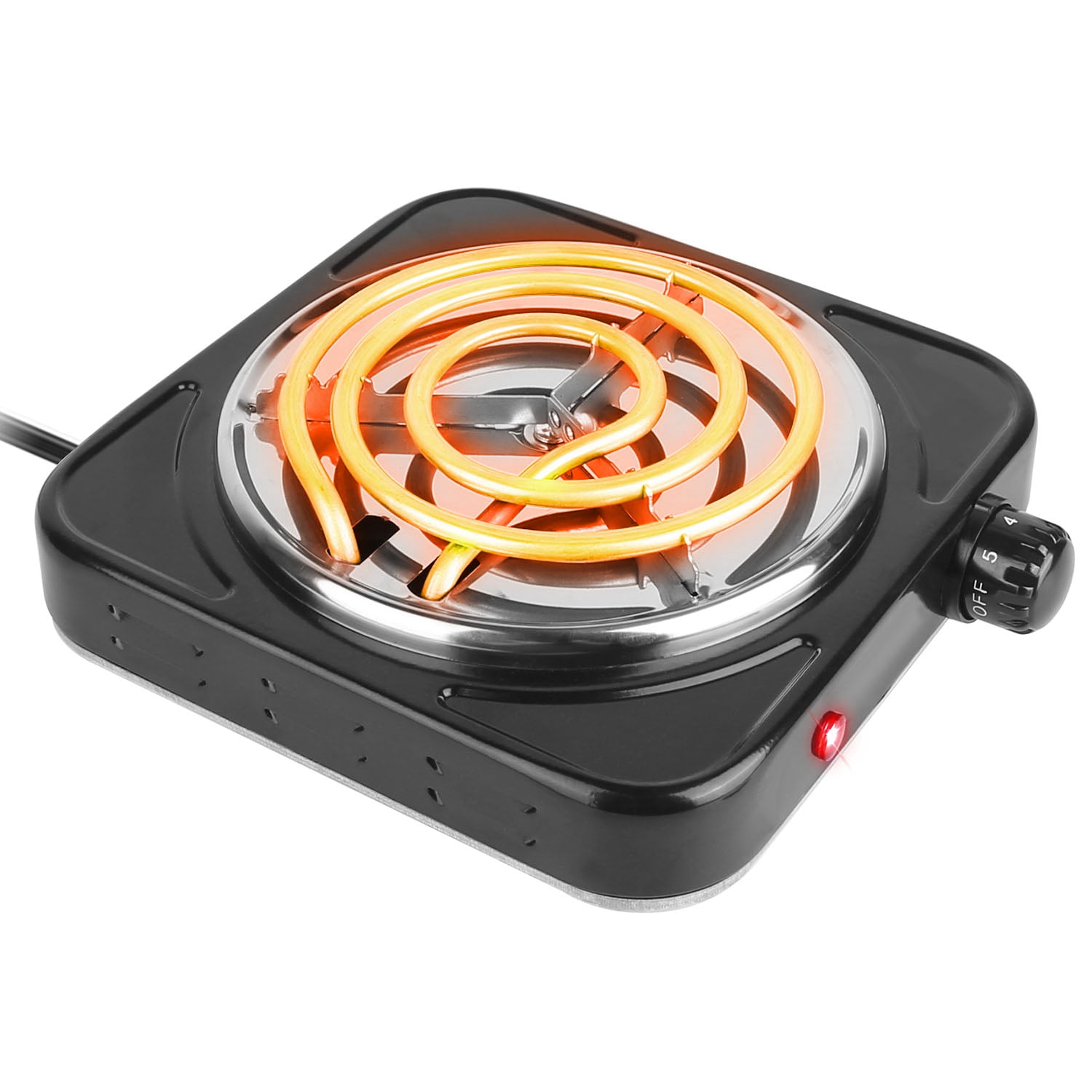 Countertop Single Coiled Burner 1000W Electric Hot Plate 5 Temperature Control Kitchen Cooker Stove with Non Slip Rubber Feet Easy to Clean Black