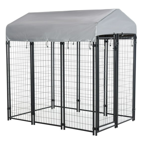 SAZYY 6'x4'x6' Large Dog Kennel Outdoor, Heavy Duty Metal Kennel with UV-Resistant Cloth Roof & Secure Lock, Black