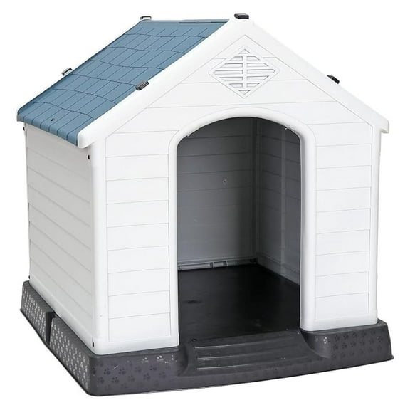 32" H Large Plastic Dog House Indoor Outdoor,Weather & Water Resistant Ventilate Pet Kennel for Small Medium Large Sized Dogs Cats,Puppy Shelter with & Elevated Floor(Blue)