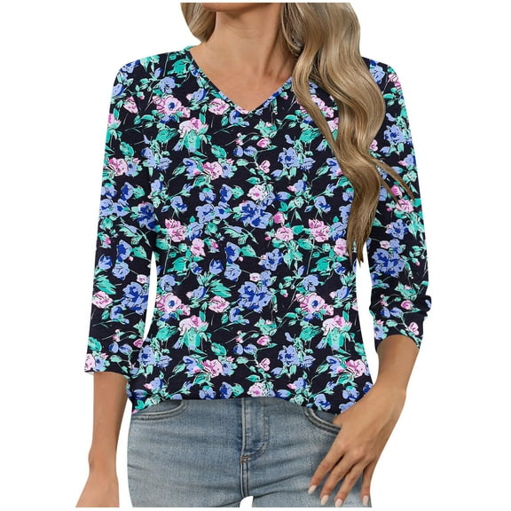 Ruimatai Women's Casual Printed 3/4 Sleeve T-Shirt Round Neck Blouse Comfortable Lightweight Fashion Top Polyester Daily Wear S M L XL XXL XXXL