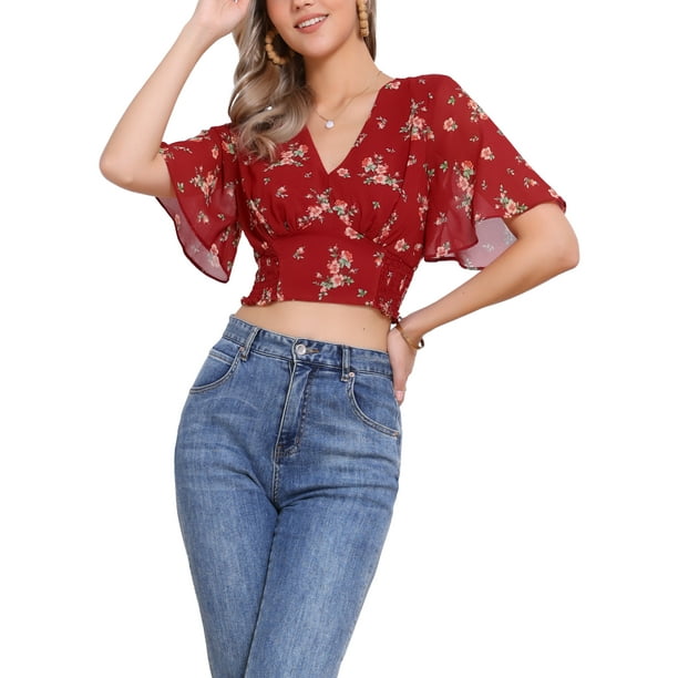 INSPIRAR CHIC Blusas Cortas de Manga Corta con Cuello en V de Verano con Estampado Floral XS Rojo