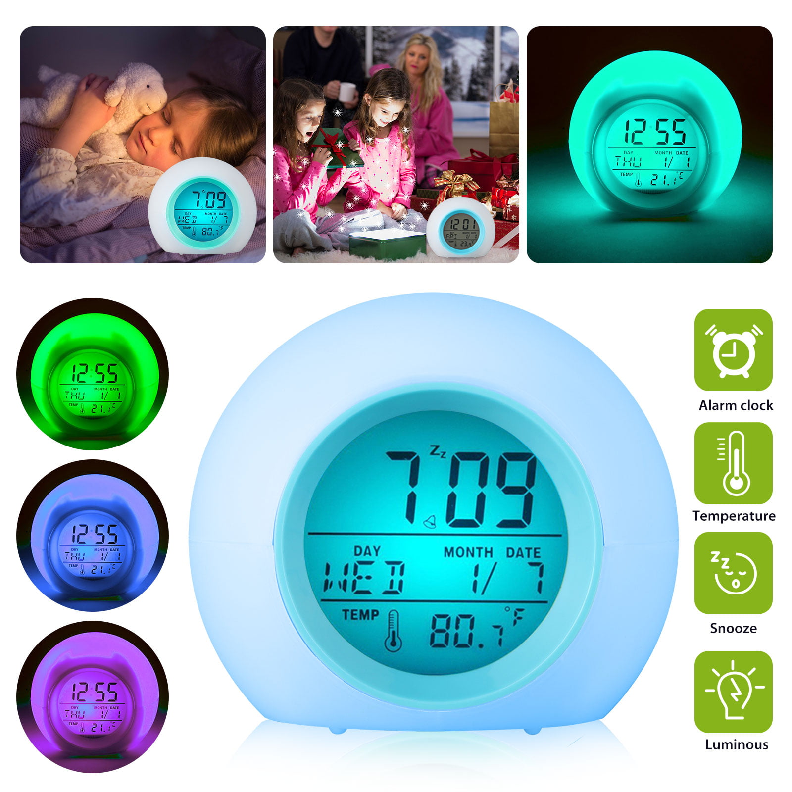 7Colorful LED Multifunction Alarm Clock Calendar Thermometer Snooze kid Clock 