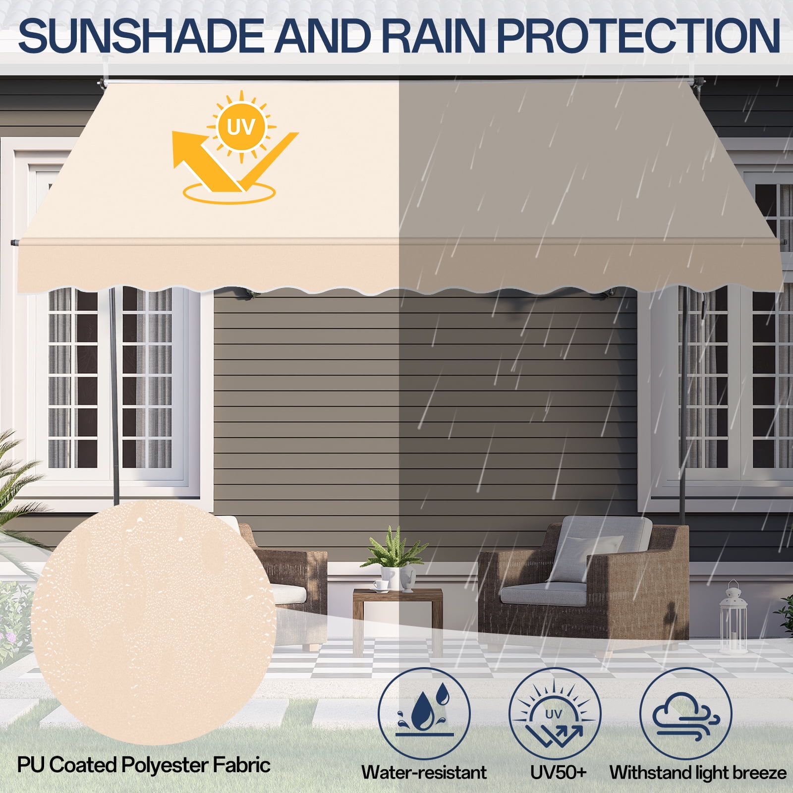Retractable Awning Khaki, 118.1"D x 47.2"W x(78.7 -118.1)"H