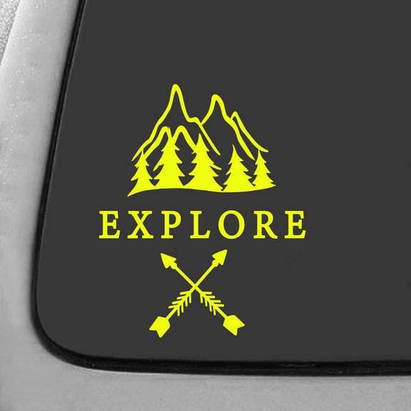 Explore The Mountains Decal Sticker | 7-Inches By 5.7-Inches | Yellow Vinyl
