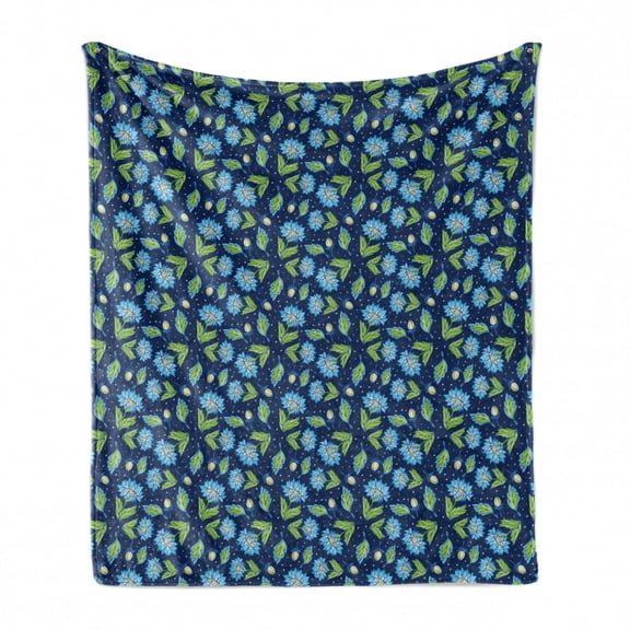 Flower Soft Flannel Fleece Throw Blanket, Floral Burgeoning in Vibrant Colors, Cozy Plush for Indoor and Outdoor Use, 60" x 80", Night Blue Lime Green, by Ambesonne