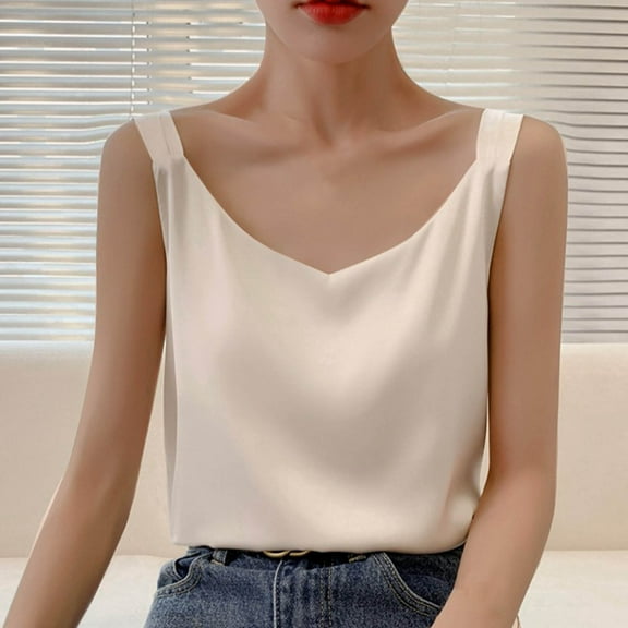 Sevevn Women's Summer Casual And Fashionable Solid V-neck Round Sleeveless Top Beige L Early Access Deals