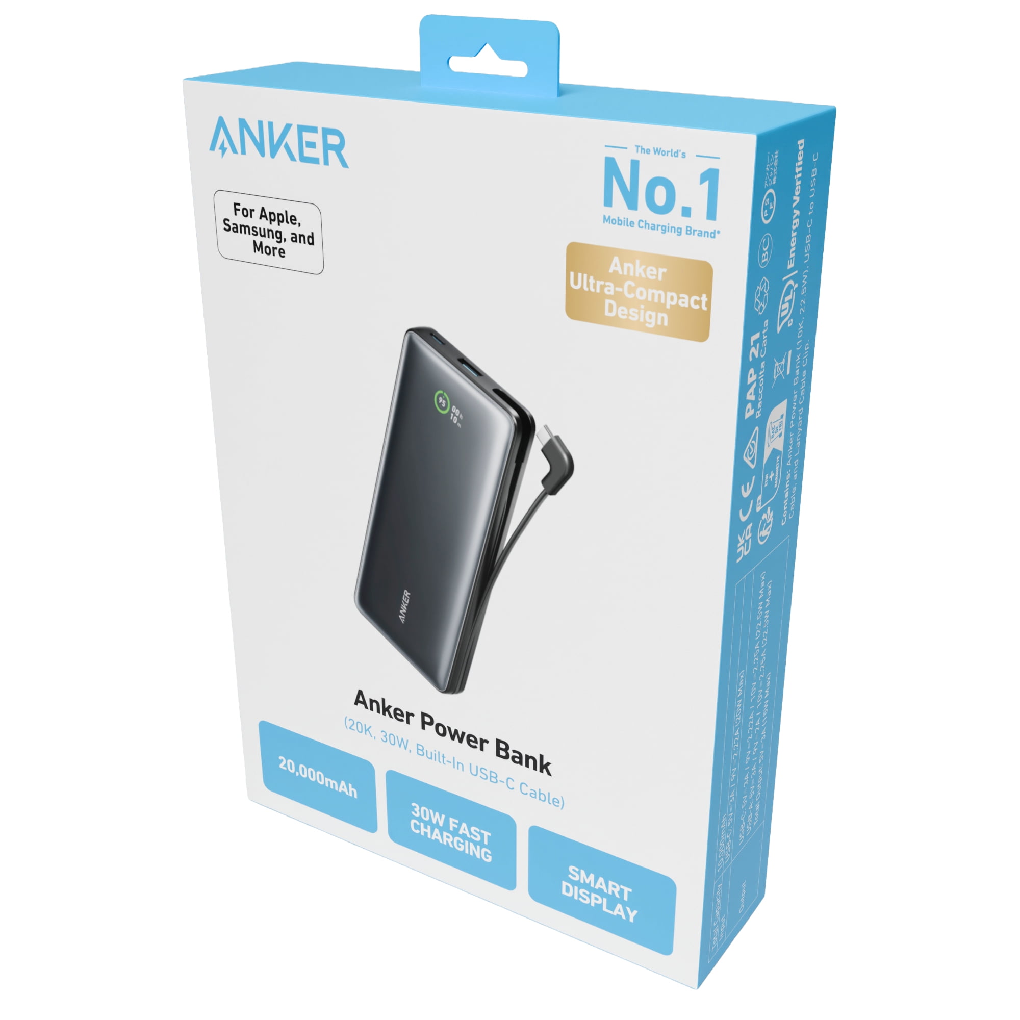 Anker Power Bank (20,000mAh, 30W, Built-In USB-C Cable) - Walmart.com