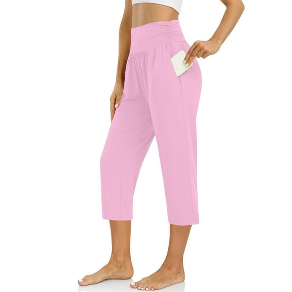 tarylea Capri Pants for Women High Rise Pleated Trousers Solid Color Loose Pants with Pockets Casual Comfy Summer Dailywear Pants