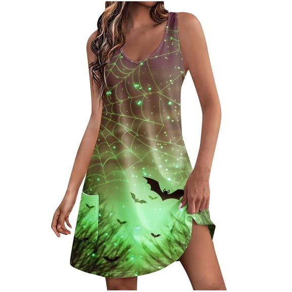 WFJCJPAF 2025 New Halloween Halloween Dresses for Women Plus Size,Women's Summer Comfort Fashion Printing Pocket Sleeveless V-Neck Dress - Green S