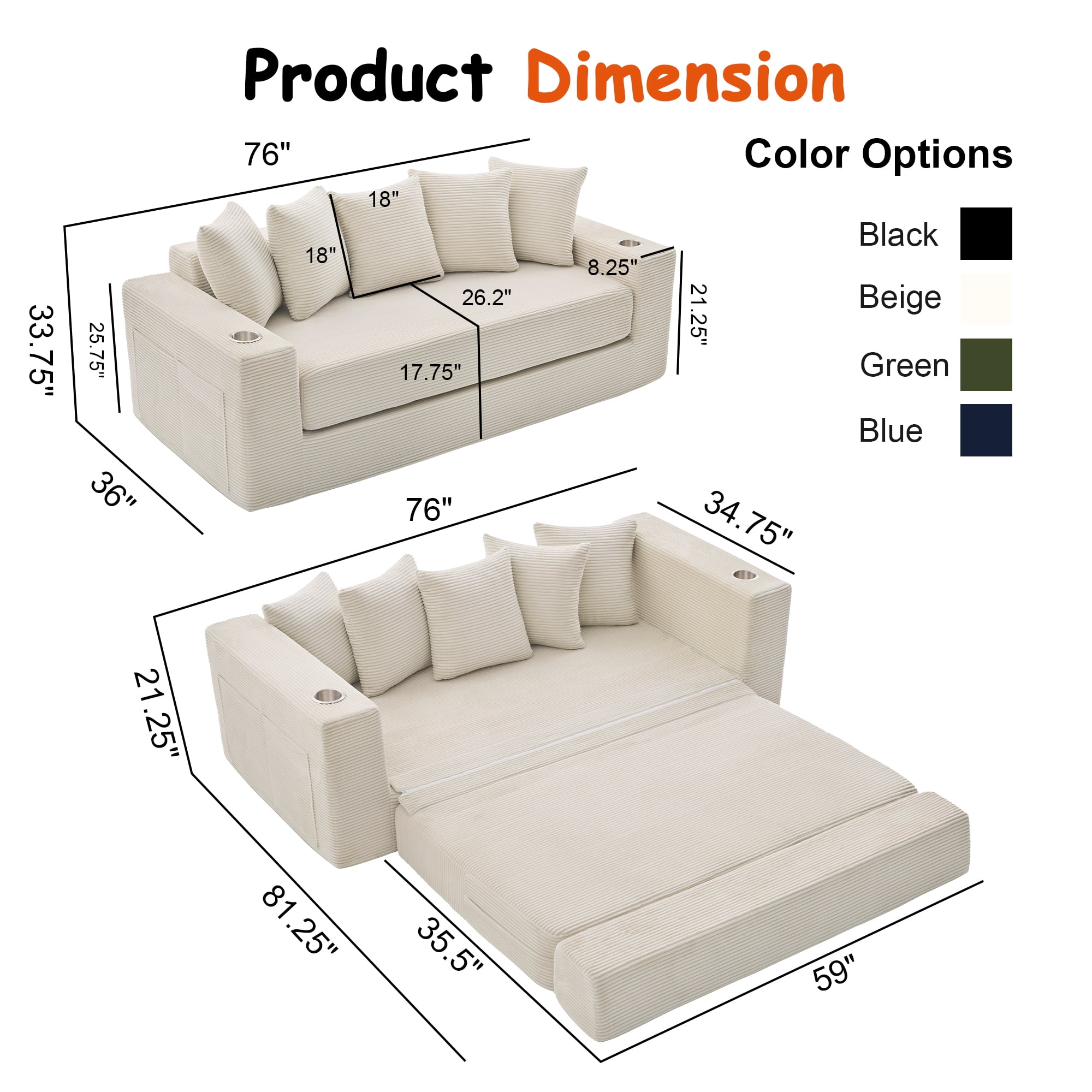 Miniyam 76" x 36" Sofa Bed, Folding Convertible Sleeper Sofa with Cup Holders, No Assembly Required Space Saving Fabric Sofa with Storage, Modern Corduroy Couch (Beige)