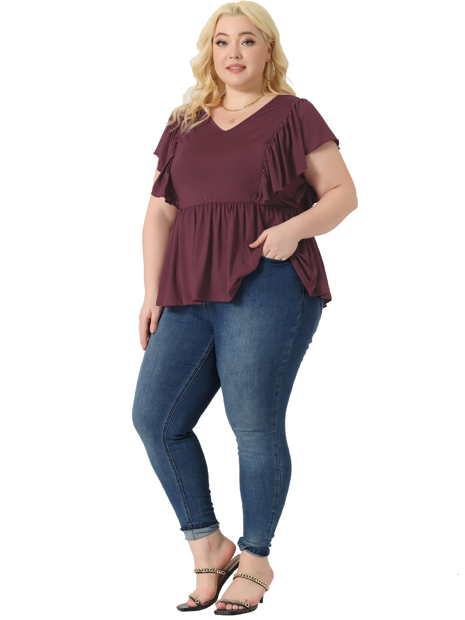 Unique Bargains Women Plus Size Tops V Neck Ruffle Sleeve Pleated Peplum Blouse Purplish Red 4X