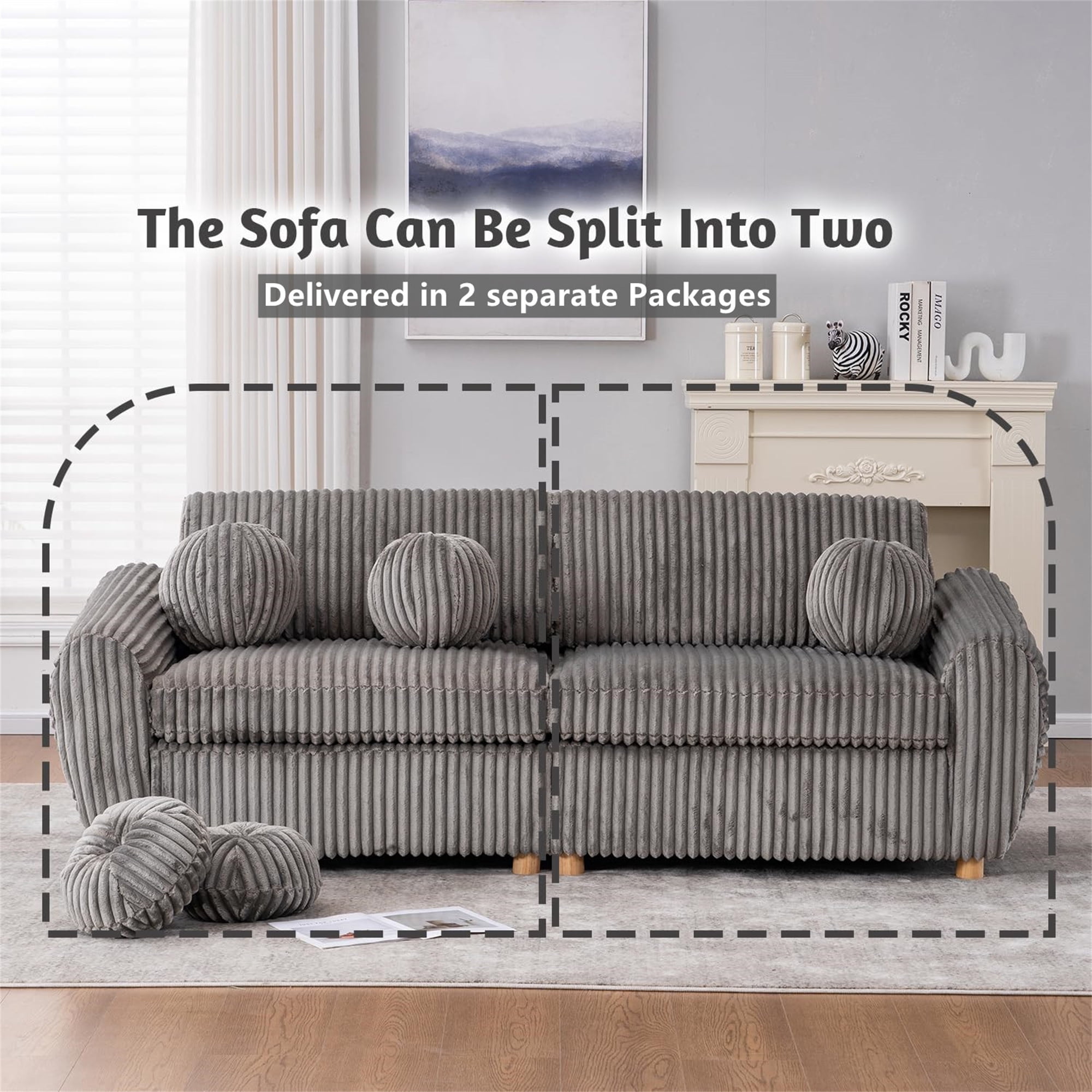 Aukfa 85" Modern Comfy Sofa, Upholstered Deep Seat Couch for Living Room, 5 Pillows, Corduroy, Gray