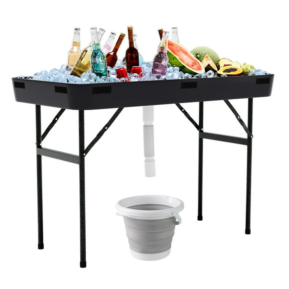 Costway 4 Foot Party Ice Cooler Folding Table Plastic with Matching Skirt Black