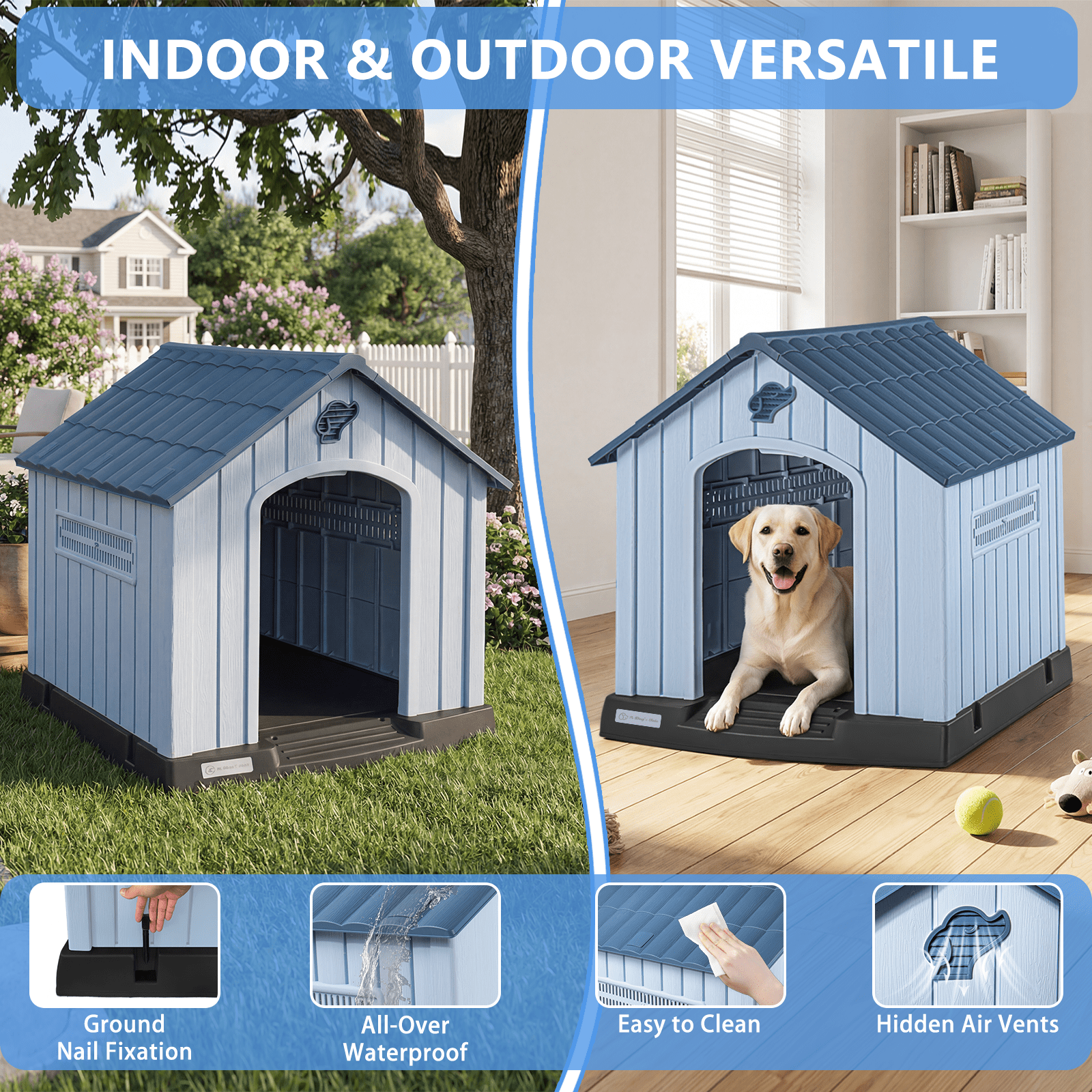 Waleaf Durable Waterproof Plastic Dog House for Small to Large Sized Dogs, Indoor Outdoor Doghouse with Elevated Floor