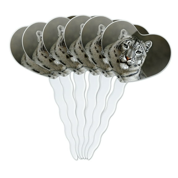 Snow Leopard on Ledge Heart Love Cupcake Picks Toppers Decoration Set of 6