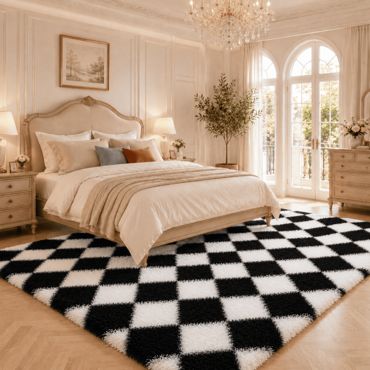 ZRSDIXK 8x10 Area Rugs for Living Room, Soft Fluffy Bedroom Rugs, Checkered Carpet, Black & White