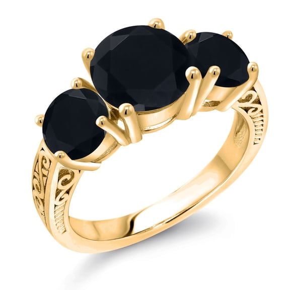 Gem Stone King 3.25 Ct Round Black Onyx 18K Yellow Gold Plated Silver Ring (Size 8)