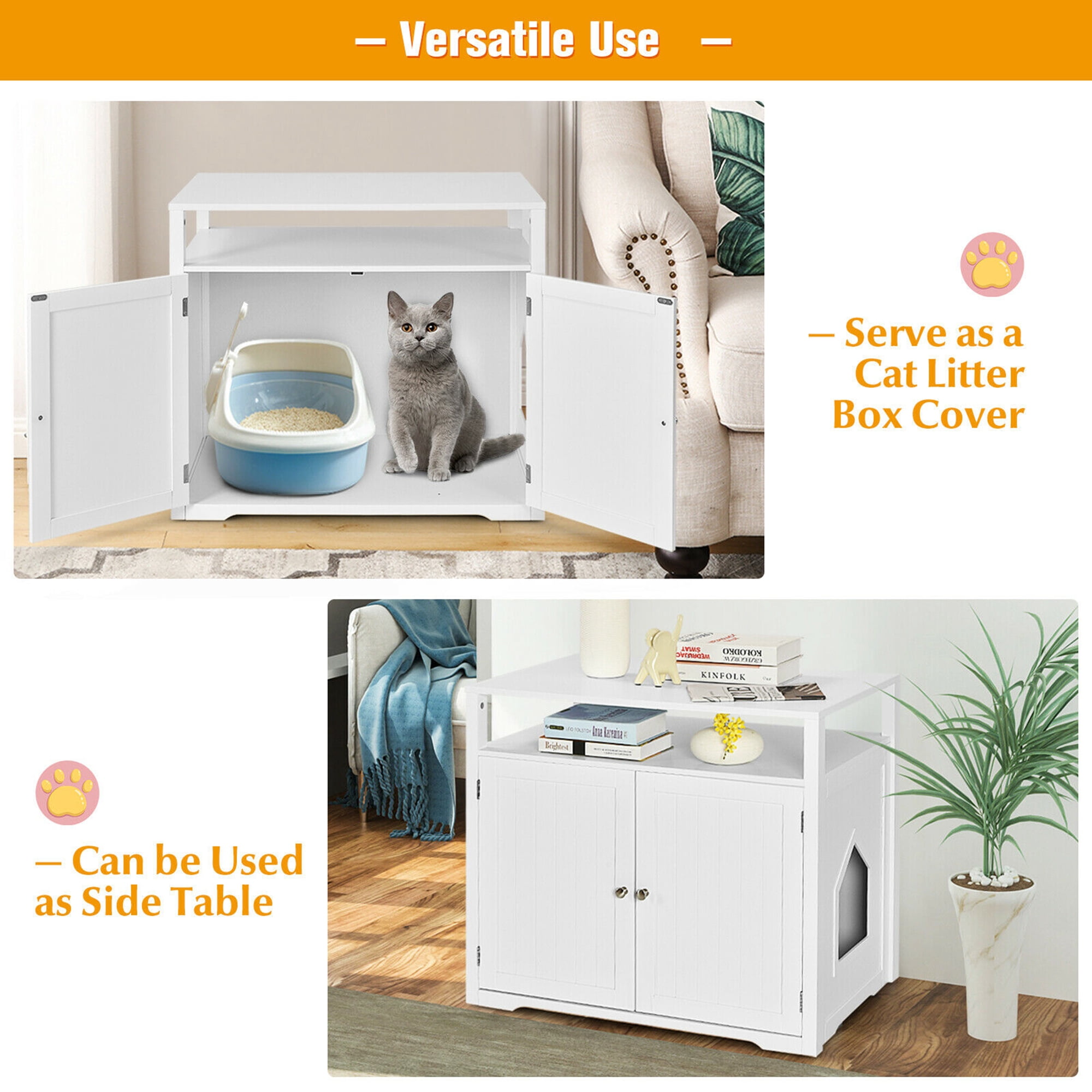 Gymax Wooden Cat Litter Box Enclosure with Storage Layer, White