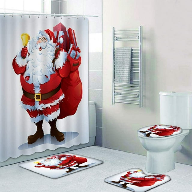 Juego de 4 Uds. De adornos navideños para el baño, funda para el asiento del inodoro, alfombra, juegos de cortinas de ducha, decoración navideña para el baño de Papá Noel, alce, muñeco de nieve Xemadio WMZY-849-5
