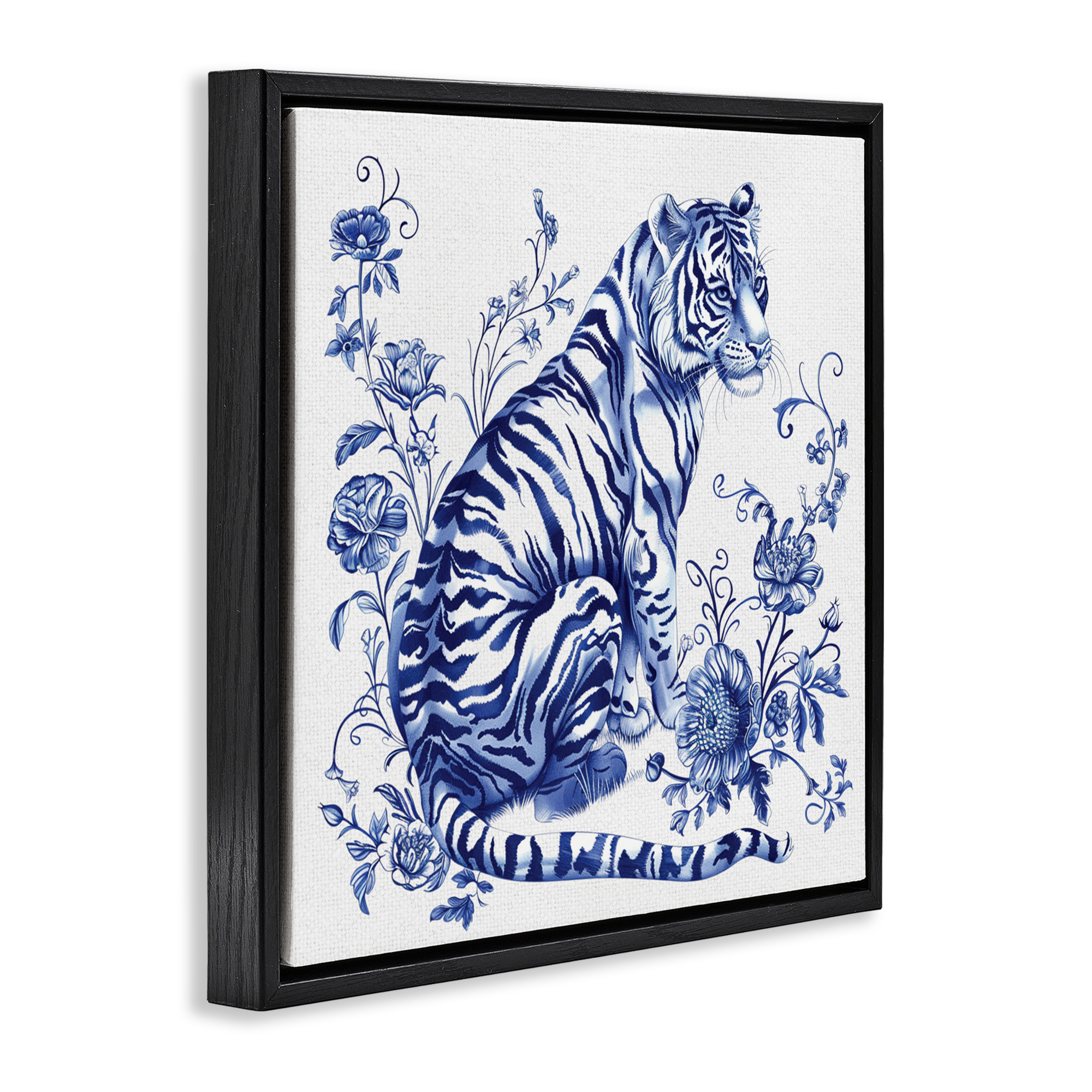 Traditional Ornate Floral Tiger Black Framed Floater Canvas Wall Art, design by Lettered and Lined